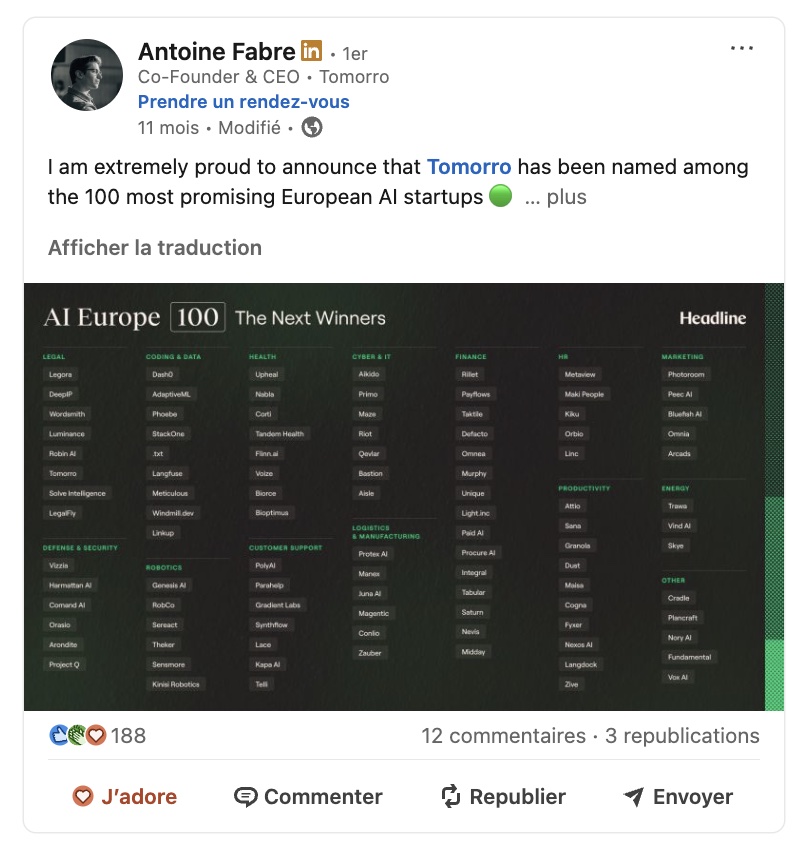 Tomorro parmi les 100 startups IA européennes les plus prometteuses